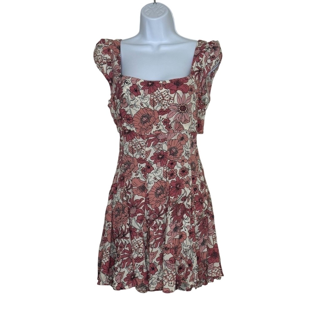 Forever 21 Floral Mini Dress Square Neck Tie‎ Back Pink White Short Sleeve